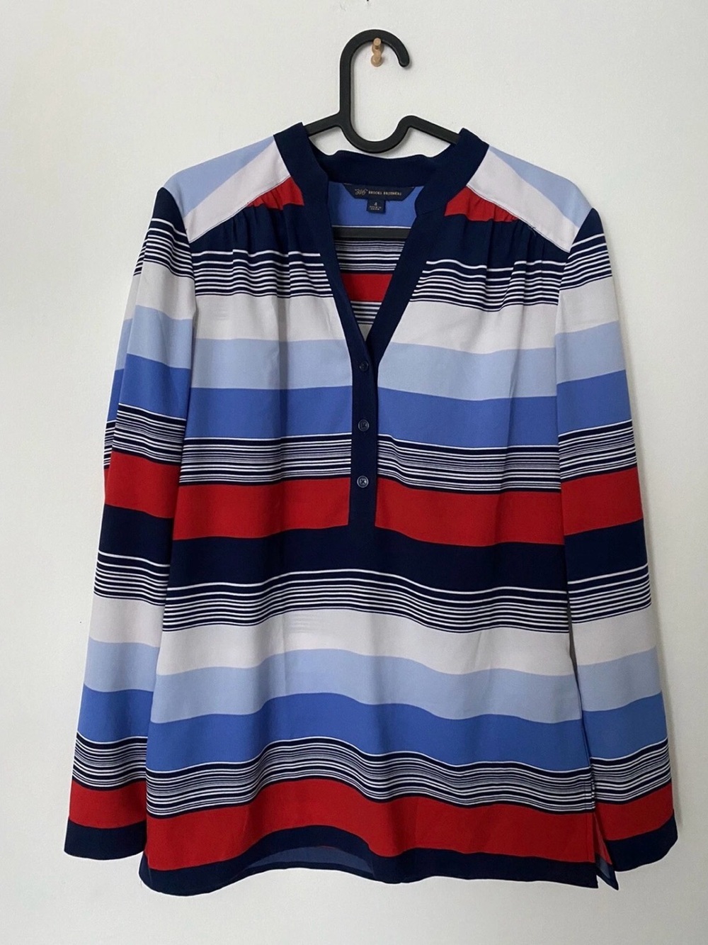 Striped V-Neck Blouse with Button Placket — Navy, Light Blue & Red